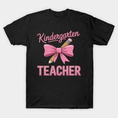 Black T-shirt with pink "Kindergarten Teacher" text and bow design, ideal for educators. Casual, comfortable cotton.