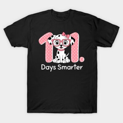 "Black t-shirt with cute Dalmatian design, pink polka dot numbers, and '100 Days Smarter' text, perfect for school events."
