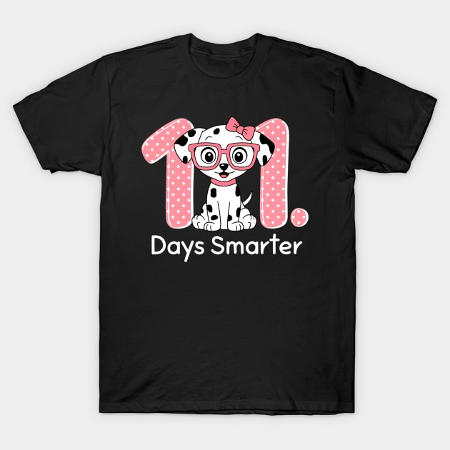 "Black t-shirt with cute Dalmatian design, pink polka dot numbers, and '100 Days Smarter' text, perfect for school events."