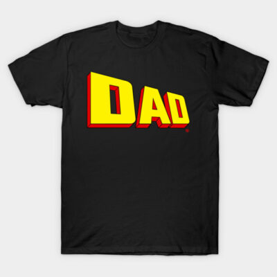 Black t-shirt with bold yellow "Dad" graphic design, casual wear, cotton fabric, ideal for Father's Day gift.