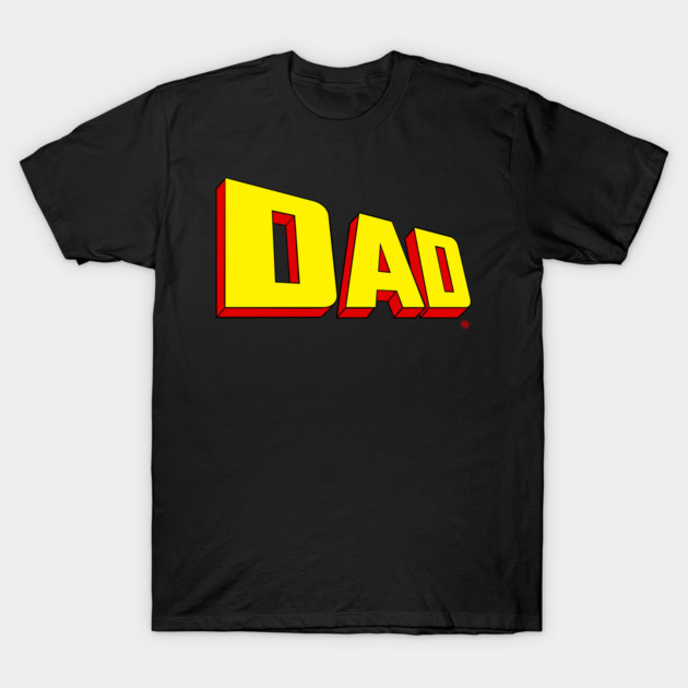 Black t-shirt with bold yellow "Dad" graphic design, casual wear, cotton fabric, ideal for Father's Day gift.