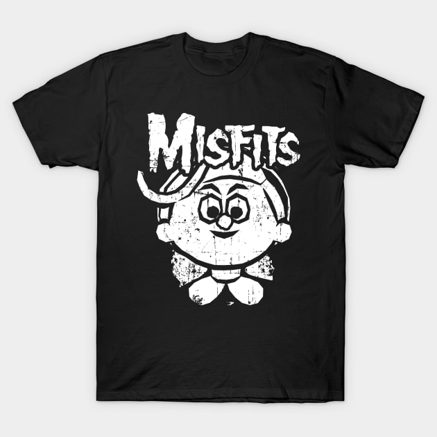 Black cotton t-shirt with "Misfits" graphic design, featuring white cartoon character print, casual unisex style.