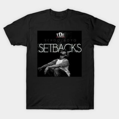 Black graphic t-shirt with "Setbacks" album cover design, casual style, cotton material, perfect for music fans.