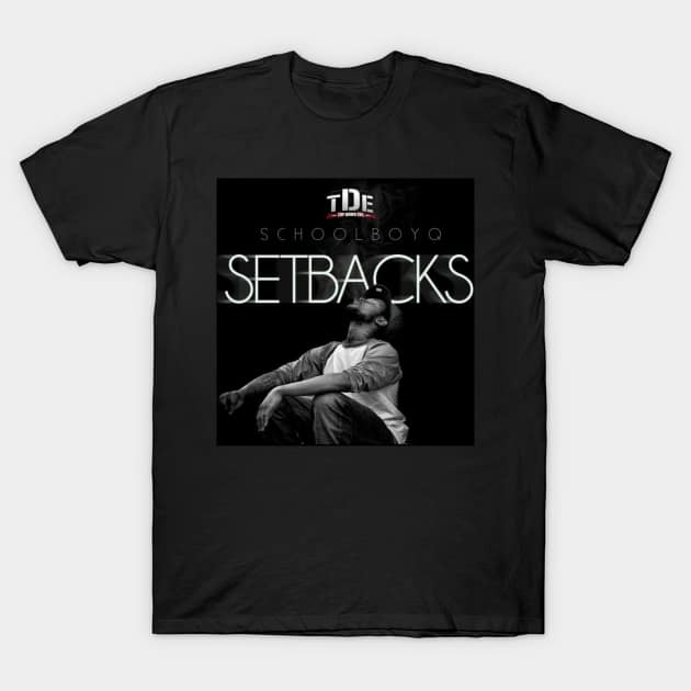Black graphic t-shirt with "Setbacks" album cover design, casual style, cotton material, perfect for music fans.