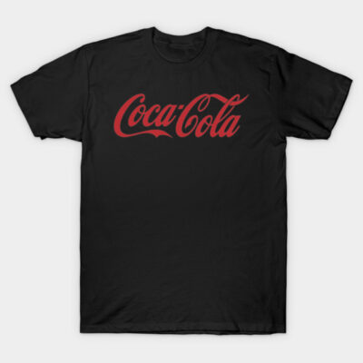 Black t-shirt with red Coca-Cola logo, casual style, soft cotton material, perfect for everyday wear.