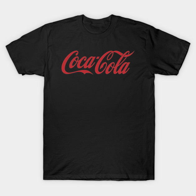 Black t-shirt with red Coca-Cola logo, casual style, soft cotton material, perfect for everyday wear.