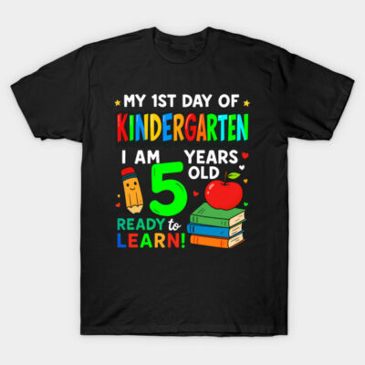 Black kids' t-shirt with colorful "My 1st Day of Kindergarten" design, featuring books and apple, perfect for school.