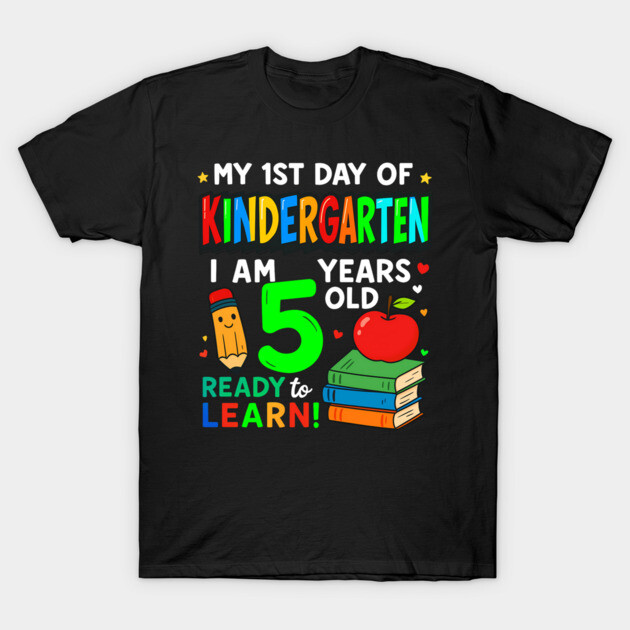 Black kids' t-shirt with colorful "My 1st Day of Kindergarten" design, featuring books and apple, perfect for school.