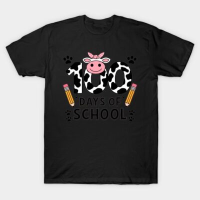 Black "100 Days of School" T-shirt with cow print and pencils, perfect for school celebrations, cotton material.