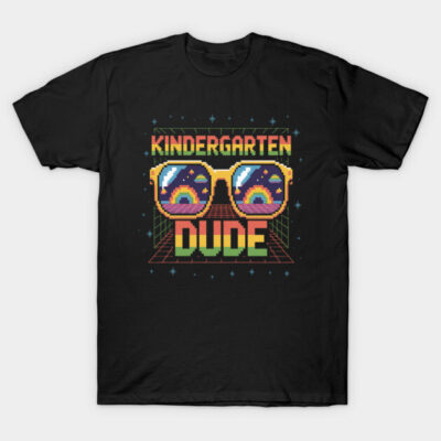 Black t-shirt with "Kindergarten Dude" text and colorful pixel art sunglasses design, casual wear for kids.