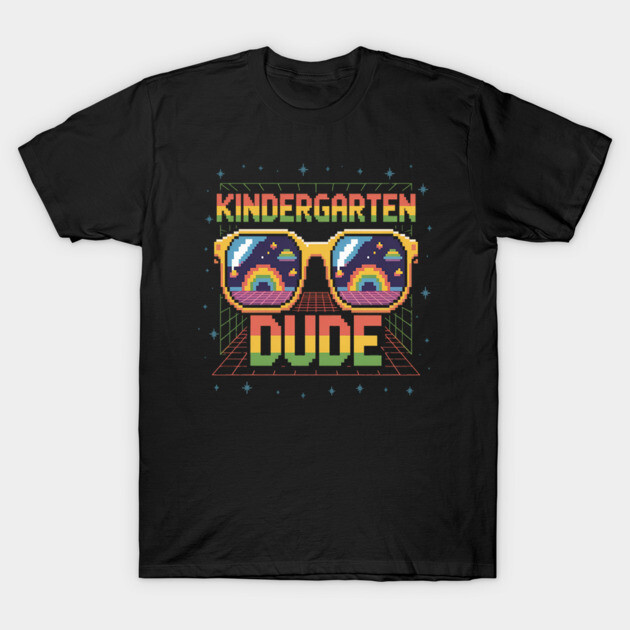 Black t-shirt with "Kindergarten Dude" text and colorful pixel art sunglasses design, casual wear for kids.