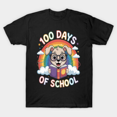 Black "100 Days of School" T-shirt featuring cartoon dog with glasses, rainbow, and book. Fun school celebration theme.
