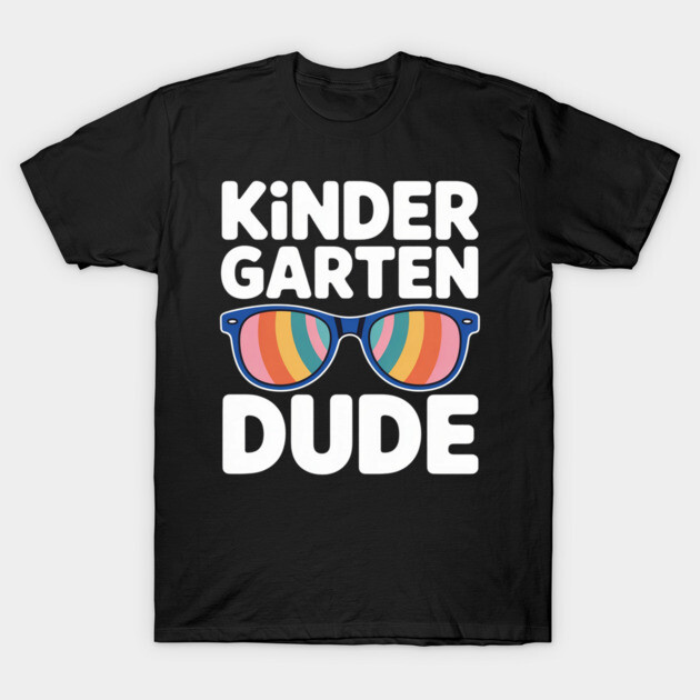 Black "Kindergarten Dude" T-shirt with colorful sunglasses graphic, casual style, cotton material.