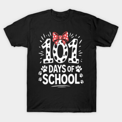 Black "101 Days of School" T-shirt with red bow and paw prints, casual style, cotton material, fun school theme.