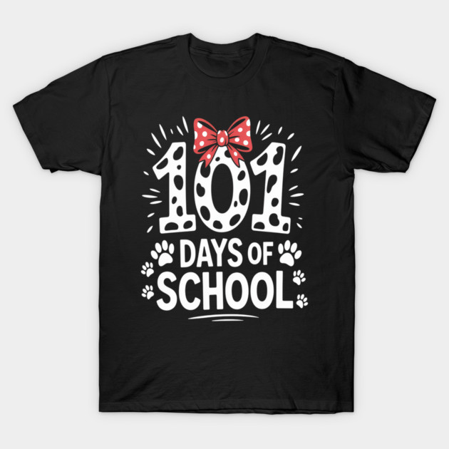 Black "101 Days of School" T-shirt with red bow and paw prints, casual style, cotton material, fun school theme.