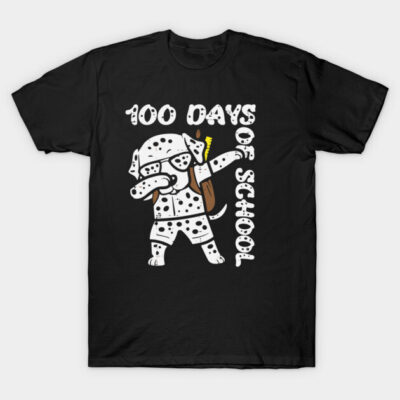 Black T-shirt featuring "100 Days of School" design with a dabbing Dalmatian. Ideal for celebrating school milestones.