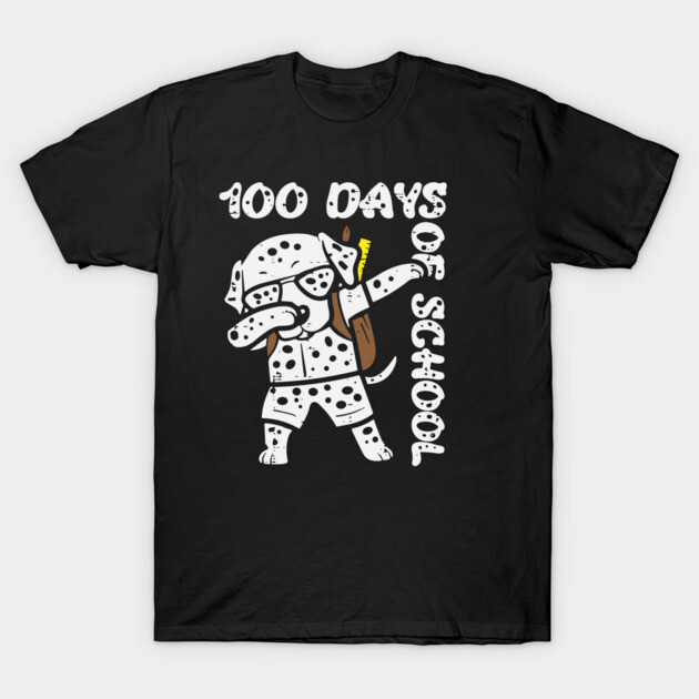Black T-shirt featuring "100 Days of School" design with a dabbing Dalmatian. Ideal for celebrating school milestones.