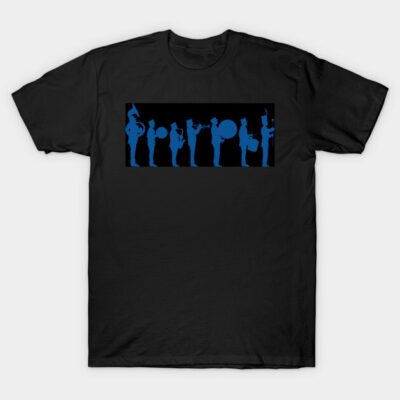 Black t-shirt with blue marching band silhouette design, casual style, ideal for music lovers, 100% cotton material.
