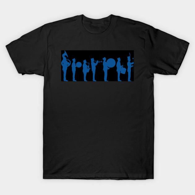 Black t-shirt with blue marching band silhouette design, casual style, ideal for music lovers, 100% cotton material.