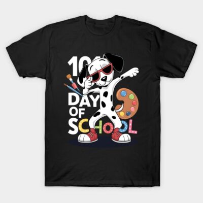 Black "100 Days of School" T-shirt featuring playful dalmatian design, ideal for school celebrations and casual wear.