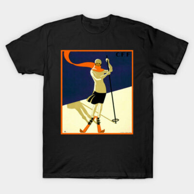 Black graphic t-shirt featuring vintage skiing design with bold colors, ideal for casual wear or sports enthusiasts.