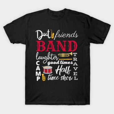 Black band-themed t-shirt with musical instruments and playful text, perfect for music lovers and casual wear.