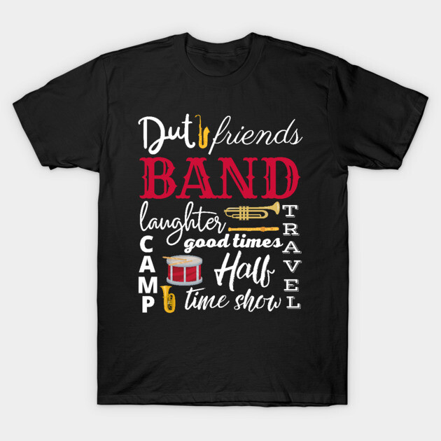 Black band-themed t-shirt with musical instruments and playful text, perfect for music lovers and casual wear.