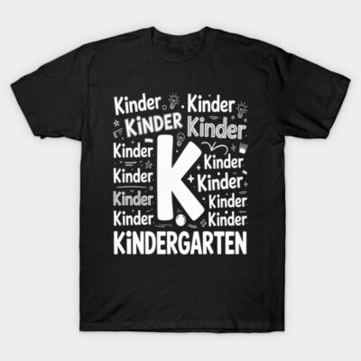 Black kindergarten-themed T-shirt with playful white text design, ideal for casual wear. 100% cotton, comfortable fit.