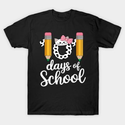 "Black 101 Days of School T-shirt with pencils, polka dot cat design, and playful lettering for school celebrations."