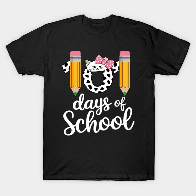 "Black 101 Days of School T-shirt with pencils, polka dot cat design, and playful lettering for school celebrations."