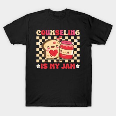 Black t-shirt with "Counseling Is My Jam" text, featuring cute toast and jam graphic, casual wear, cotton material.