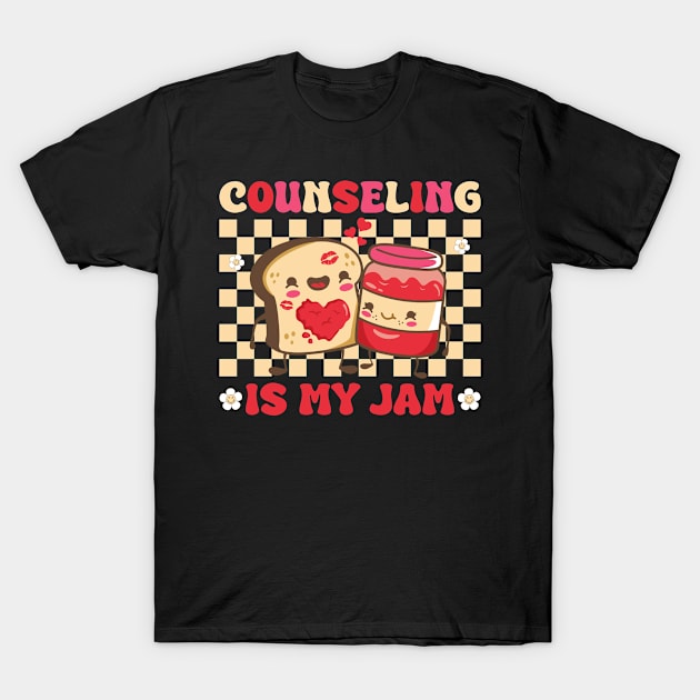 Black t-shirt with "Counseling Is My Jam" text, featuring cute toast and jam graphic, casual wear, cotton material.