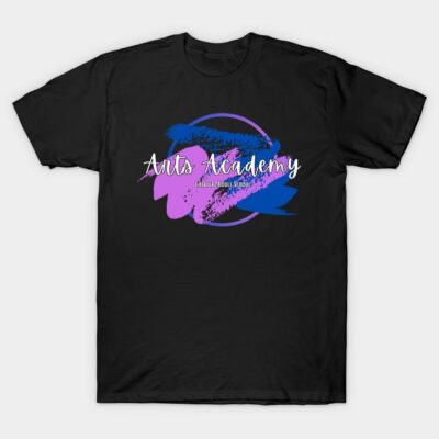 Black t-shirt with colorful abstract design and "Arts Academy" text, ideal for casual wear.