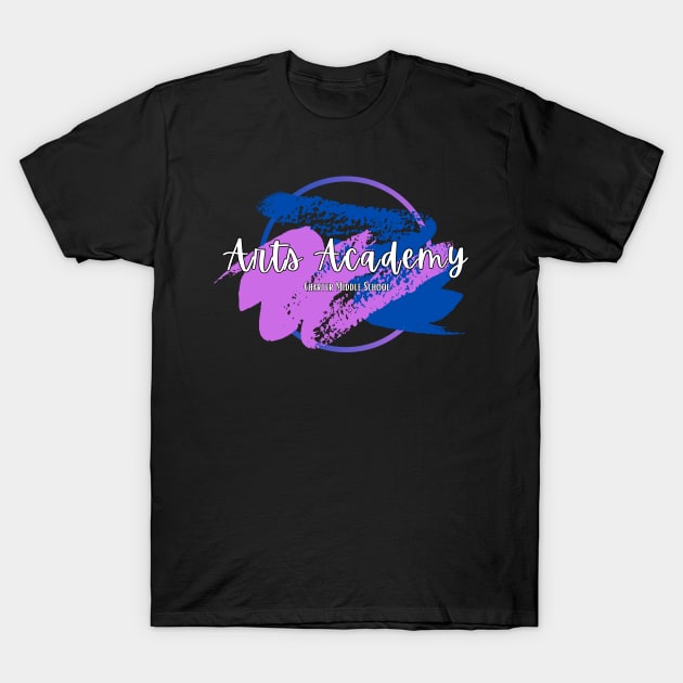 Black t-shirt with colorful abstract design and "Arts Academy" text, ideal for casual wear.