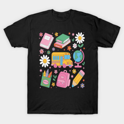 Black T-shirt with colorful school-themed print featuring books, bus, globe, and flowers. Perfect for casual wear.