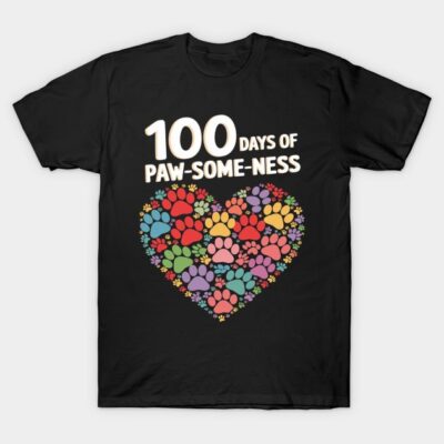 Black T-shirt with colorful paw print heart design and "100 Days of Paw-some-ness" text, casual wear.