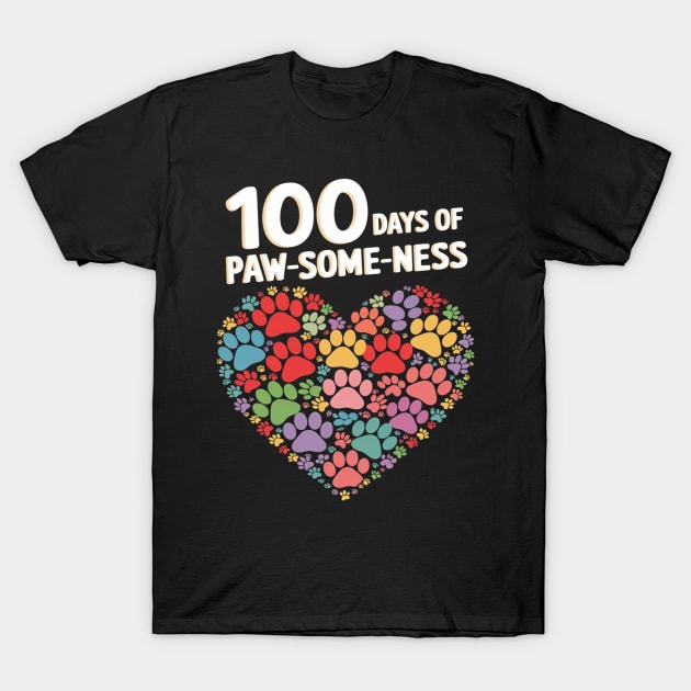 Black T-shirt with colorful paw print heart design and "100 Days of Paw-some-ness" text, casual wear.