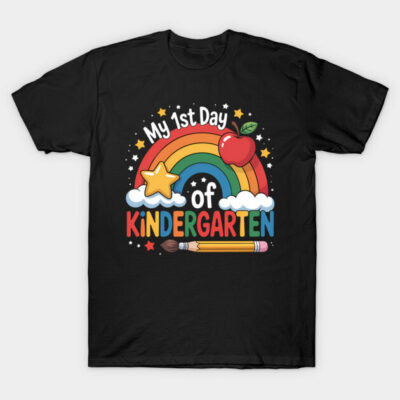 Black "My 1st Day of Kindergarten" t-shirt with colorful rainbow, star, apple, and pencil design for kids.