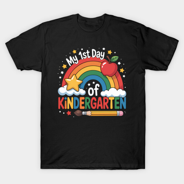 Black "My 1st Day of Kindergarten" t-shirt with colorful rainbow, star, apple, and pencil design for kids.