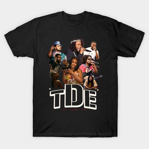 Black T-shirt with colorful graphic collage and "TDE" text, casual wear, cotton material, unisex style.