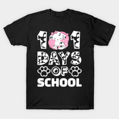 Black T-shirt with "101 Days of School" design featuring a cute cartoon dog and paw prints, perfect for school events.