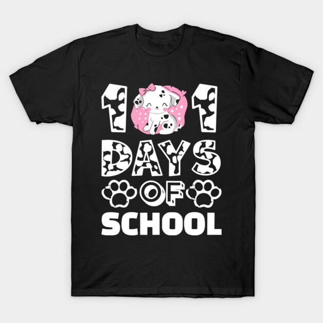 Black T-shirt with "101 Days of School" design featuring a cute cartoon dog and paw prints, perfect for school events.