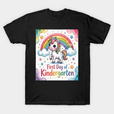 Black t-shirt with colorful unicorn and rainbow design, "First Day of Kindergarten" text, perfect for kids' schoolwear.
