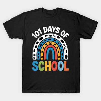 Black "101 Days of School" t-shirt with colorful rainbow design, perfect for school celebrations, cotton material.