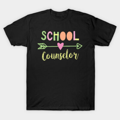Black t-shirt with colorful "School Counselor" text and heart arrow design, perfect for casual or educational settings.