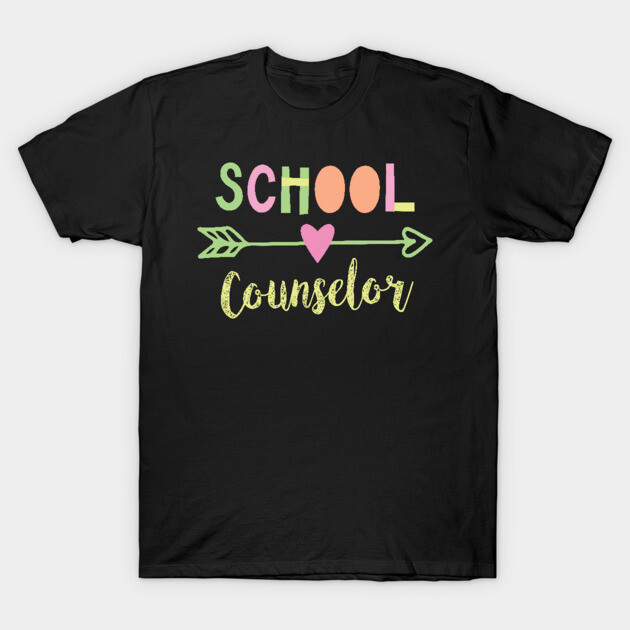 Black t-shirt with colorful "School Counselor" text and heart arrow design, perfect for casual or educational settings.