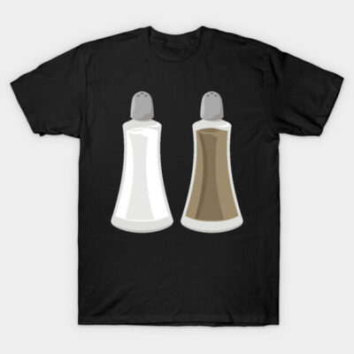 Black t-shirt with salt and pepper shakers graphic, casual wear, 100% cotton, unisex design.