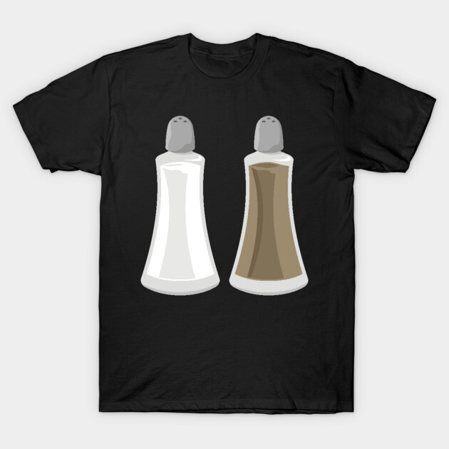 Black t-shirt with salt and pepper shakers graphic, casual wear, 100% cotton, unisex design.