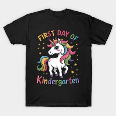 Black T-shirt with colorful unicorn design and "First Day of Kindergarten" text, perfect for kids' school events.