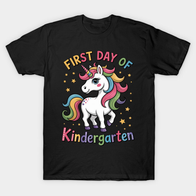 Black T-shirt with colorful unicorn design and "First Day of Kindergarten" text, perfect for kids' school events.